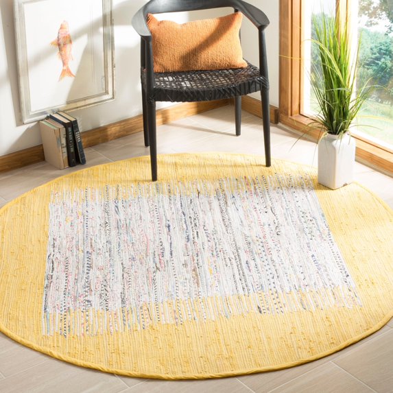 SAFAVIEH Montauk Tennyson Braided Border Cotton Area Rug, Ivory/Yellow, 4' x 4' Round