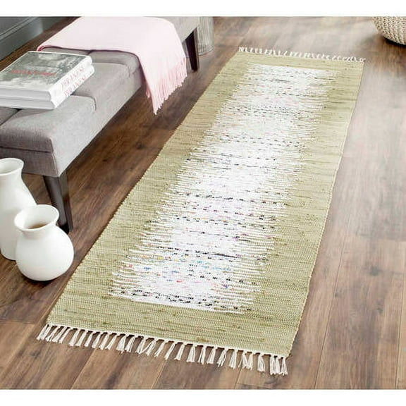 SAFAVIEH Montauk Tennyson Braided Border Cotton Runner Rug, Ivory/Olive, 2'3" x 9'