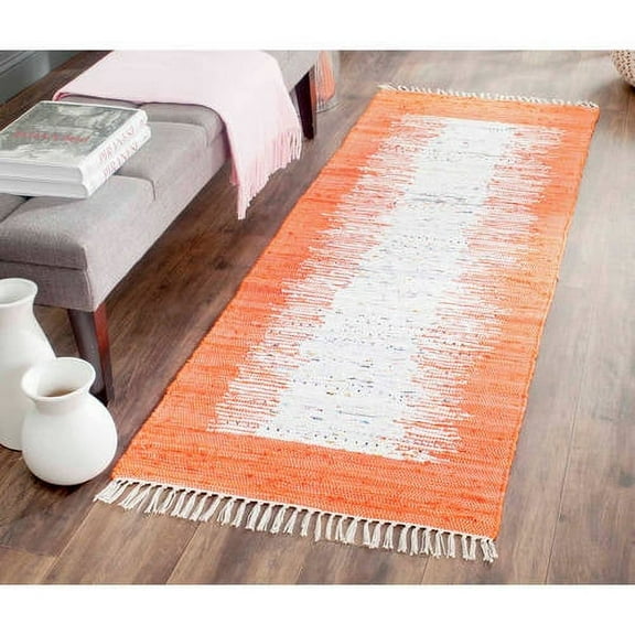 SAFAVIEH Montauk Tennyson Braided Border Cotton Runner Rug, Ivory/Orange, 2'3" x 6'