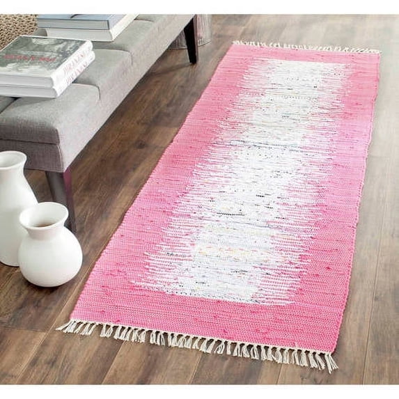 SAFAVIEH Montauk Tennyson Braided Border Cotton Runner Rug, Ivory/Pink, 2'3" x 9'