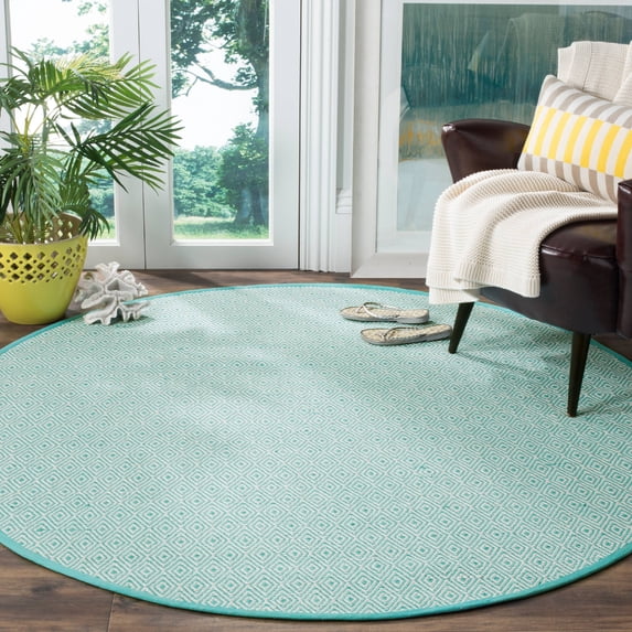 SAFAVIEH Montauk Terrence Geometric Diamond Cotton Area Rug, Ivory/Aqua, 4' x 4' Round