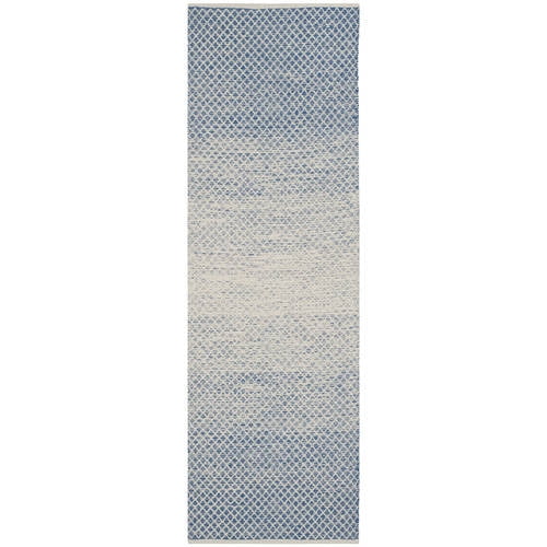 Blue and Ivory Flat Woven Cotton Runner Rug