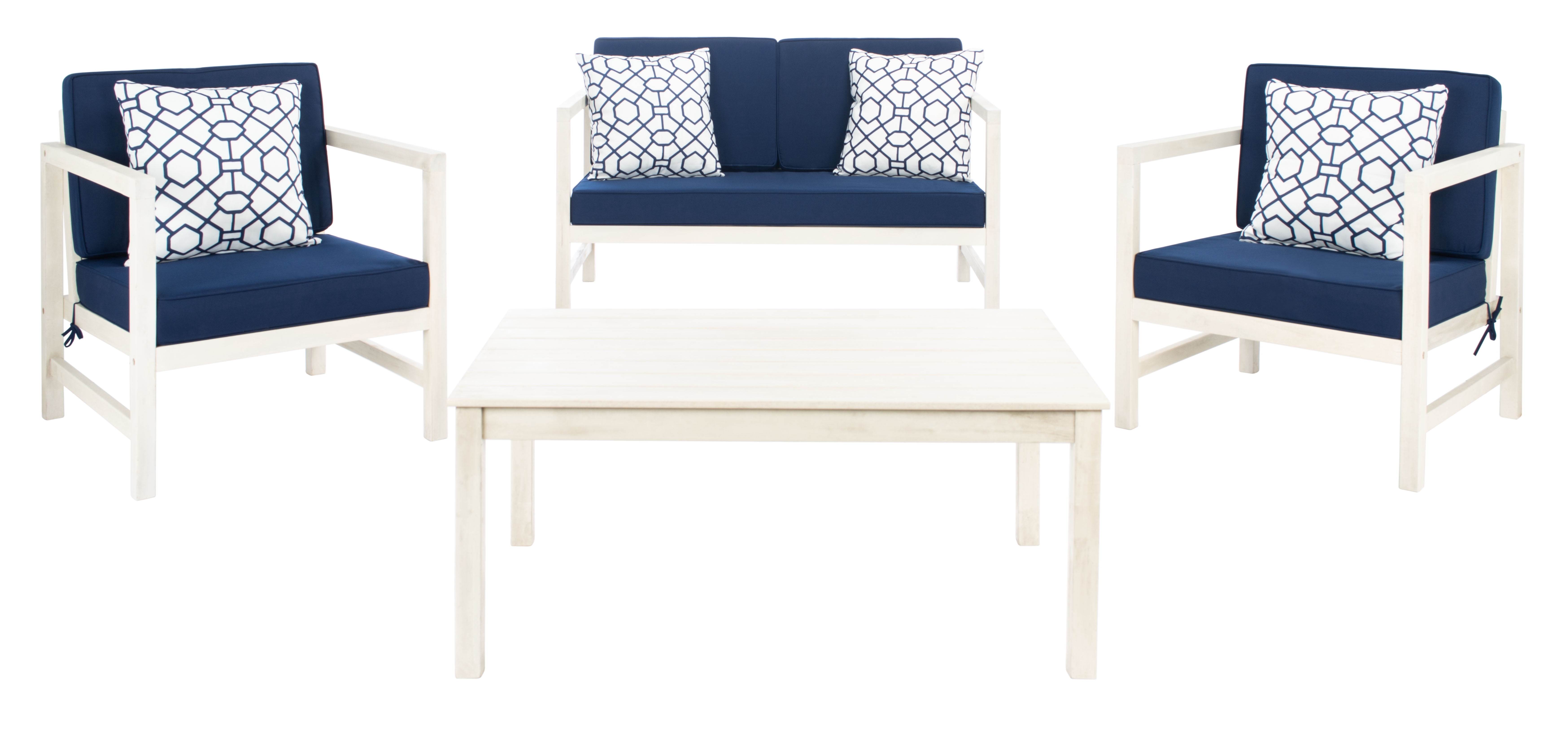 SAFAVIEH Montez Outdoor 4 Pc Conversational Set, White/Navy