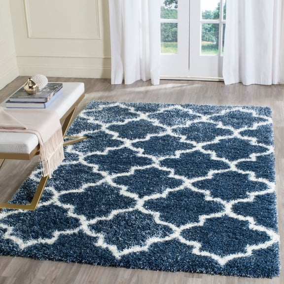 SAFAVIEH Montreal Lennart Geometric Quatrefoils Shag Area Rug, Blue/Ivory, 10' x 14'