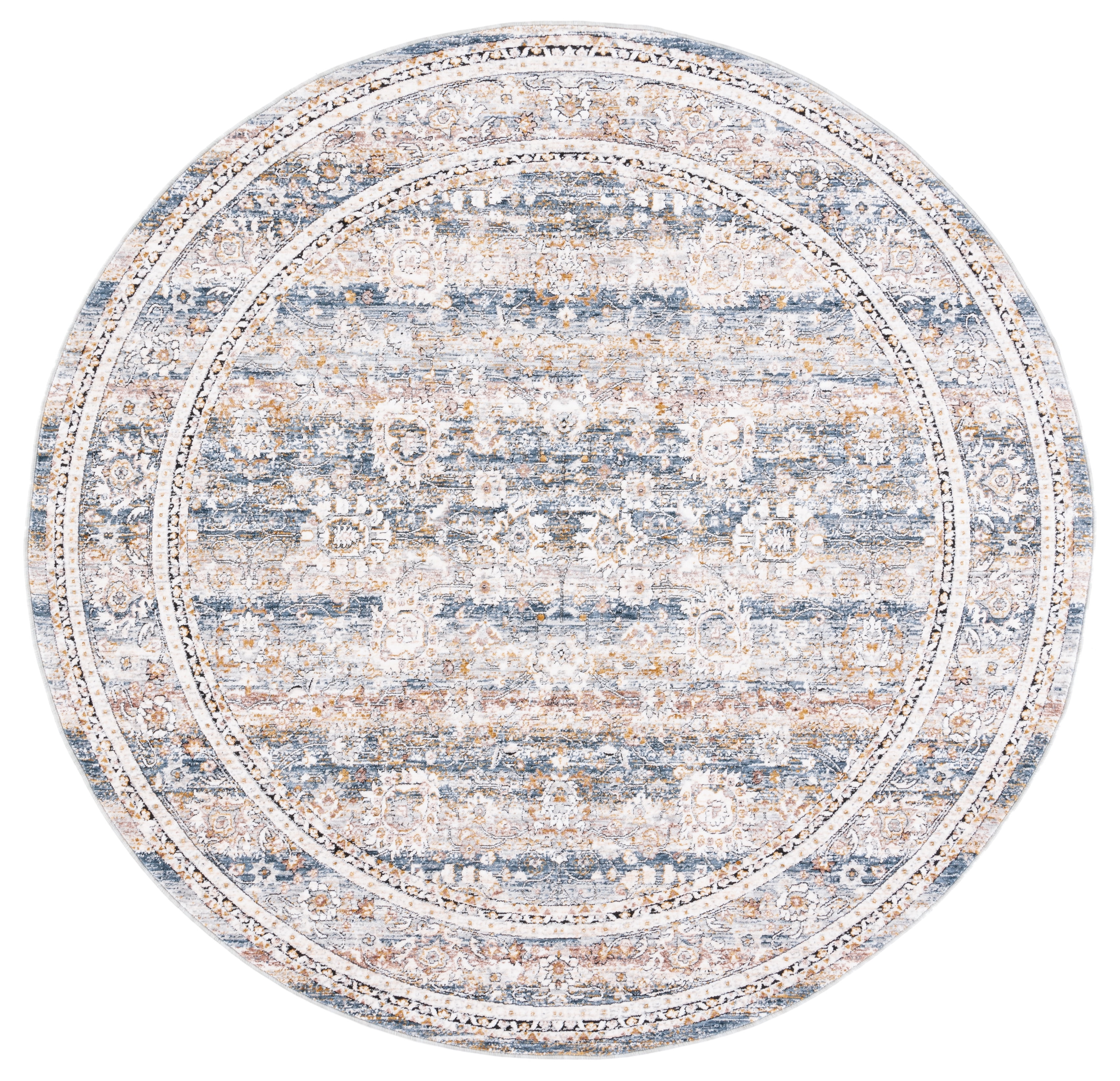 Blue and Gray Round Oriental Synthetic Area Rug, 6 ft