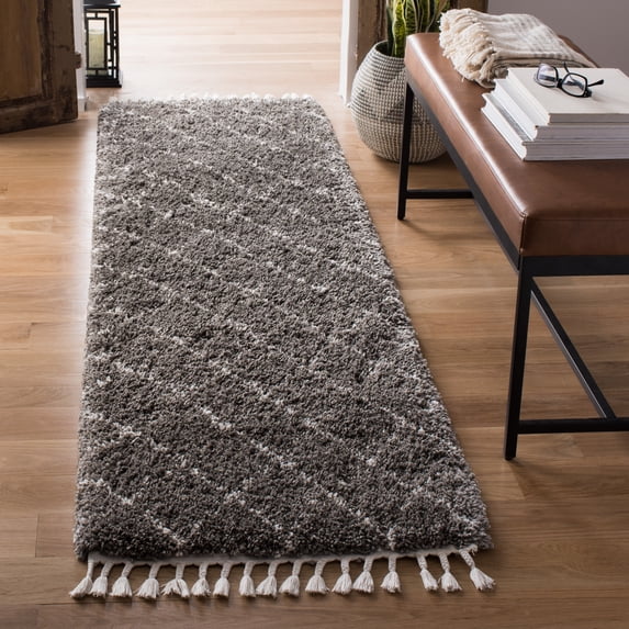 SAFAVIEH Moroccan Fringe Alastar Geometric Shag Runner Rug, Grey/Ivory, 2'2" x 8'