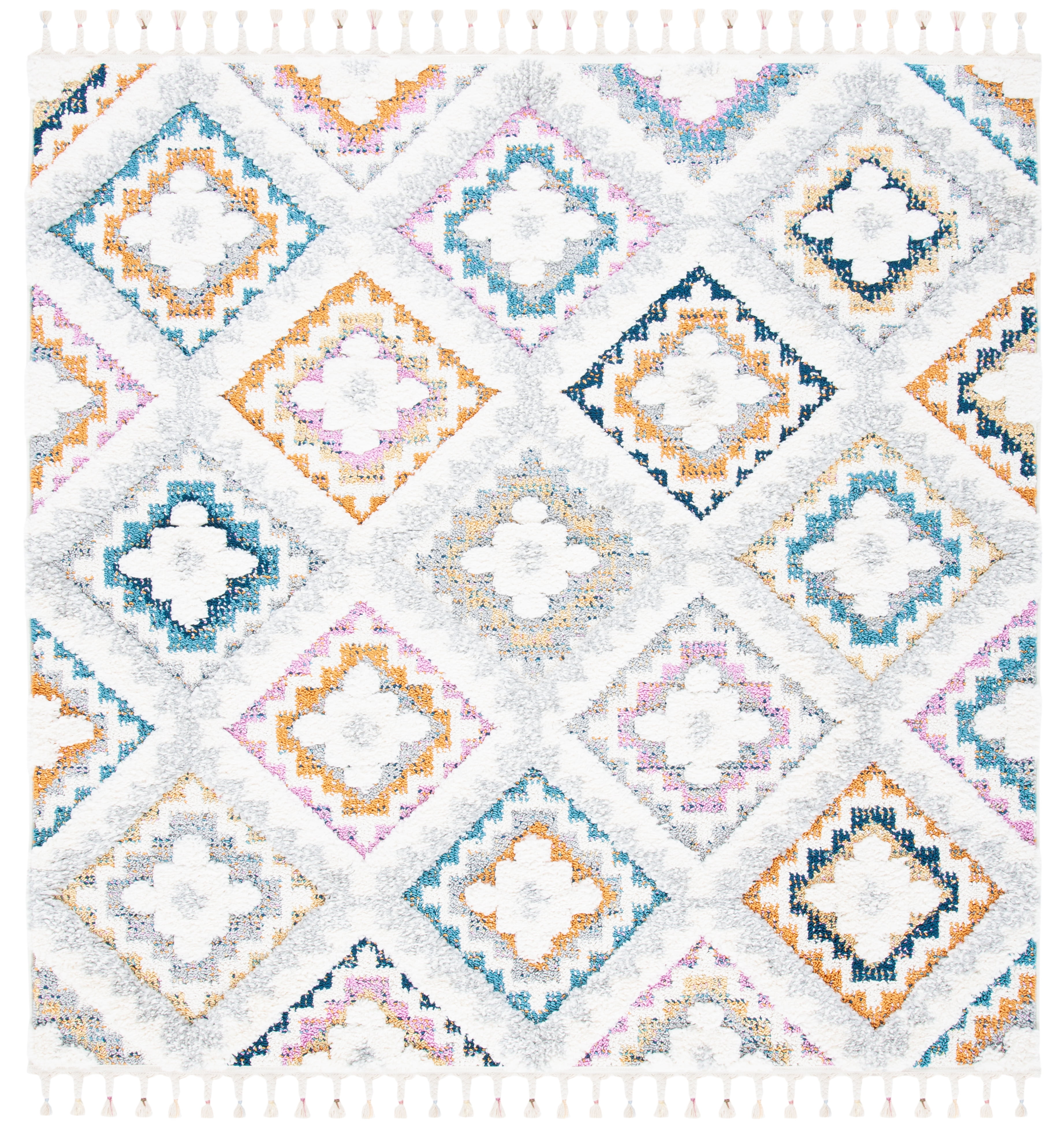 Boho-Chic Moroccan Fringe Shag 6'7" Square Area Rug in Grey