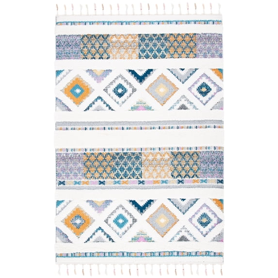 SAFAVIEH Moroccan Fringe David Southwestern Shag Area Rug, Ivory/Navy, 5'3" x 7'6"