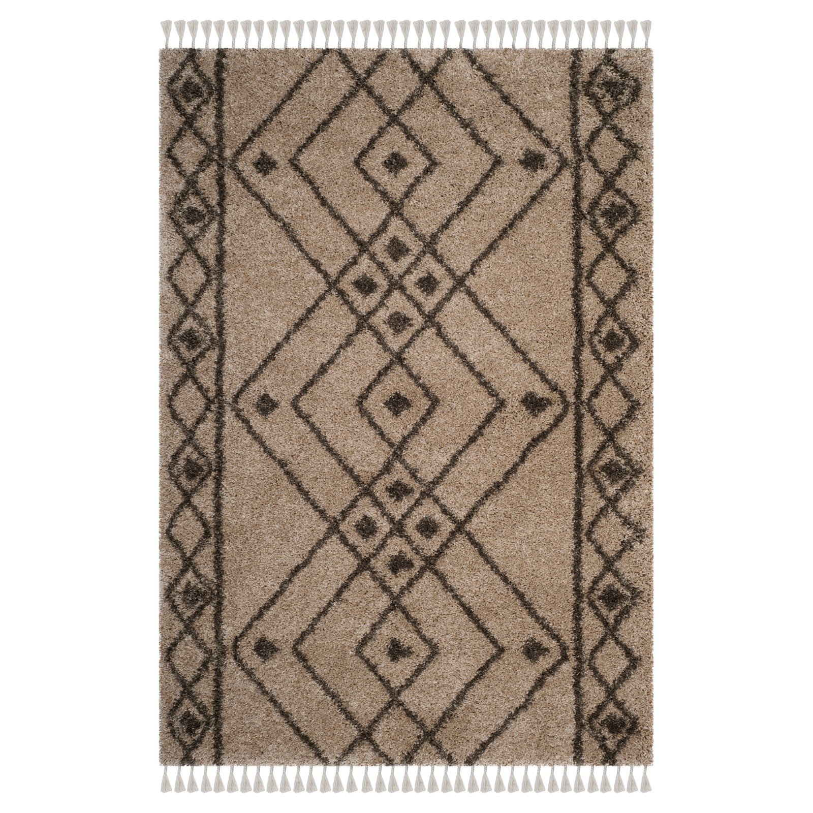 Taupe and Greige Geometric Shag Area Rug with Fringe, 4' x 6'