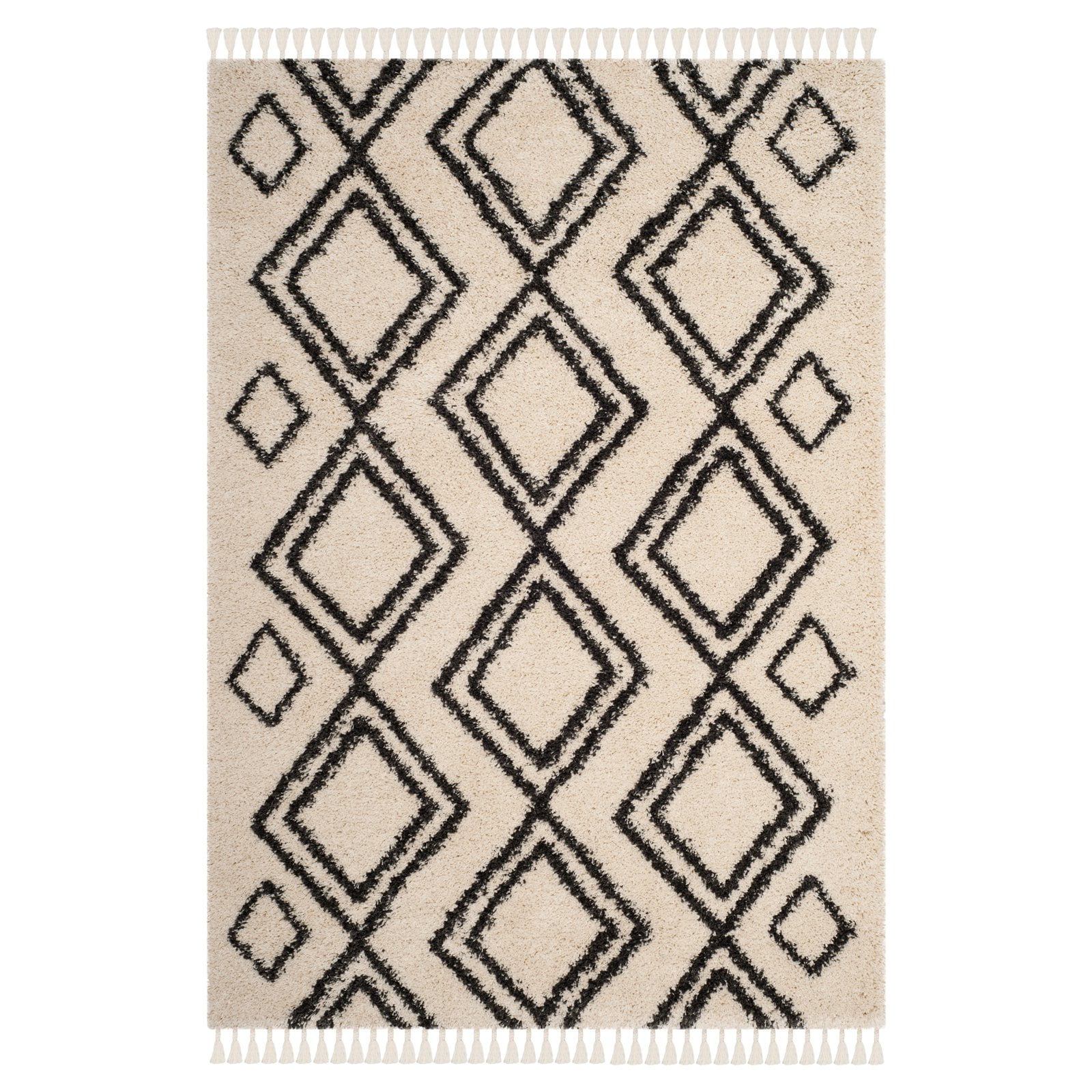 Ivory and Charcoal Geometric Shag Wool Area Rug, 4' x 6'