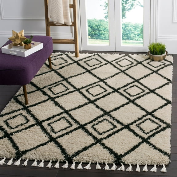 SAFAVIEH Moroccan Fringe Kingston Geometric Shag Area Rug, Cream/Charcoal, 5'1" x 7'6"