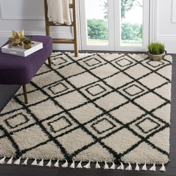 Safavieh Moroccan Fringe Kingston Geometric Shag Area Rug, Cream/Charcoal, 5'3" x 7'6"