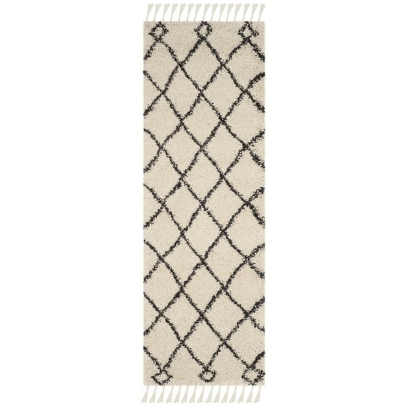 SAFAVIEH Moroccan Fringe Lavern Geometric Shag Runner Rug, Cream/Charcoal, 2'3" x 7'