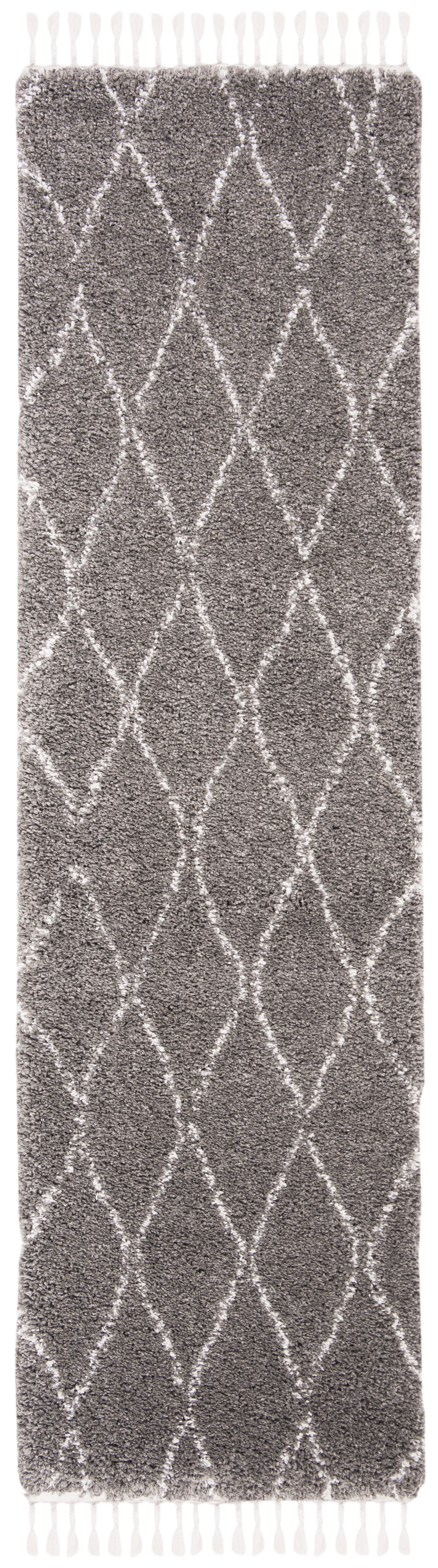 Ivory and Grey Moroccan Fringe Shag Runner Rug