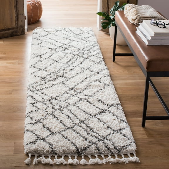 SAFAVIEH Moroccan Fringe Rylan Abstract Plush Runner Rug, Ivory/Grey, 2'2" x 8'