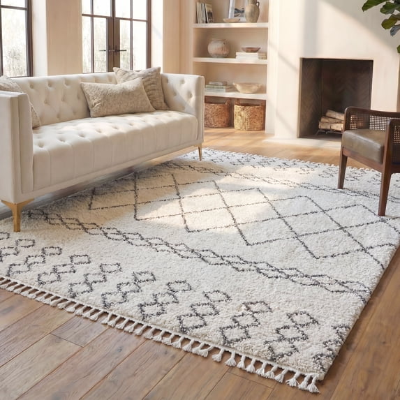 Safavieh Moroccan Fringe Scarlett Abstract Shag Area Rug, Ivory/Gray, 5'3" x 7'6"