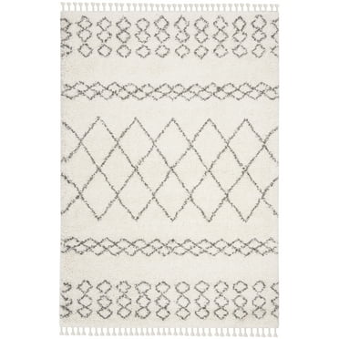 SAFAVIEH Moroccan Fringe Scarlett Geometric Shag Area Rug, Ivory/Grey, 5'3" x 7'6"