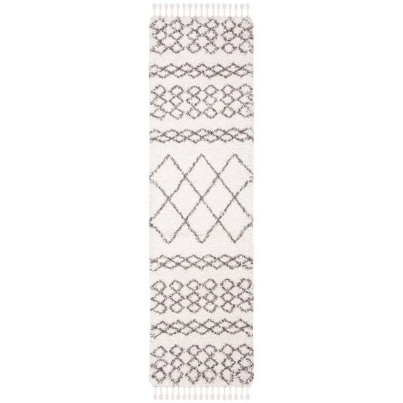 SAFAVIEH Moroccan Fringe Scarlett Geometric Shag Runner Rug, Ivory/Grey, 2'2" x 8'