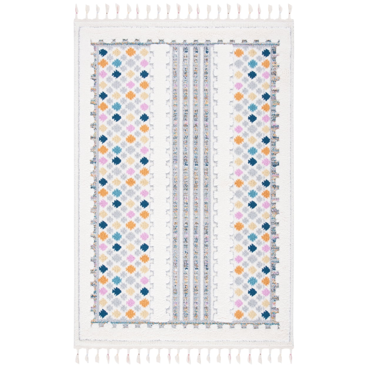 Boho-Chic Ivory Synthetic Shag Rug with Fringe - 4' x 6'