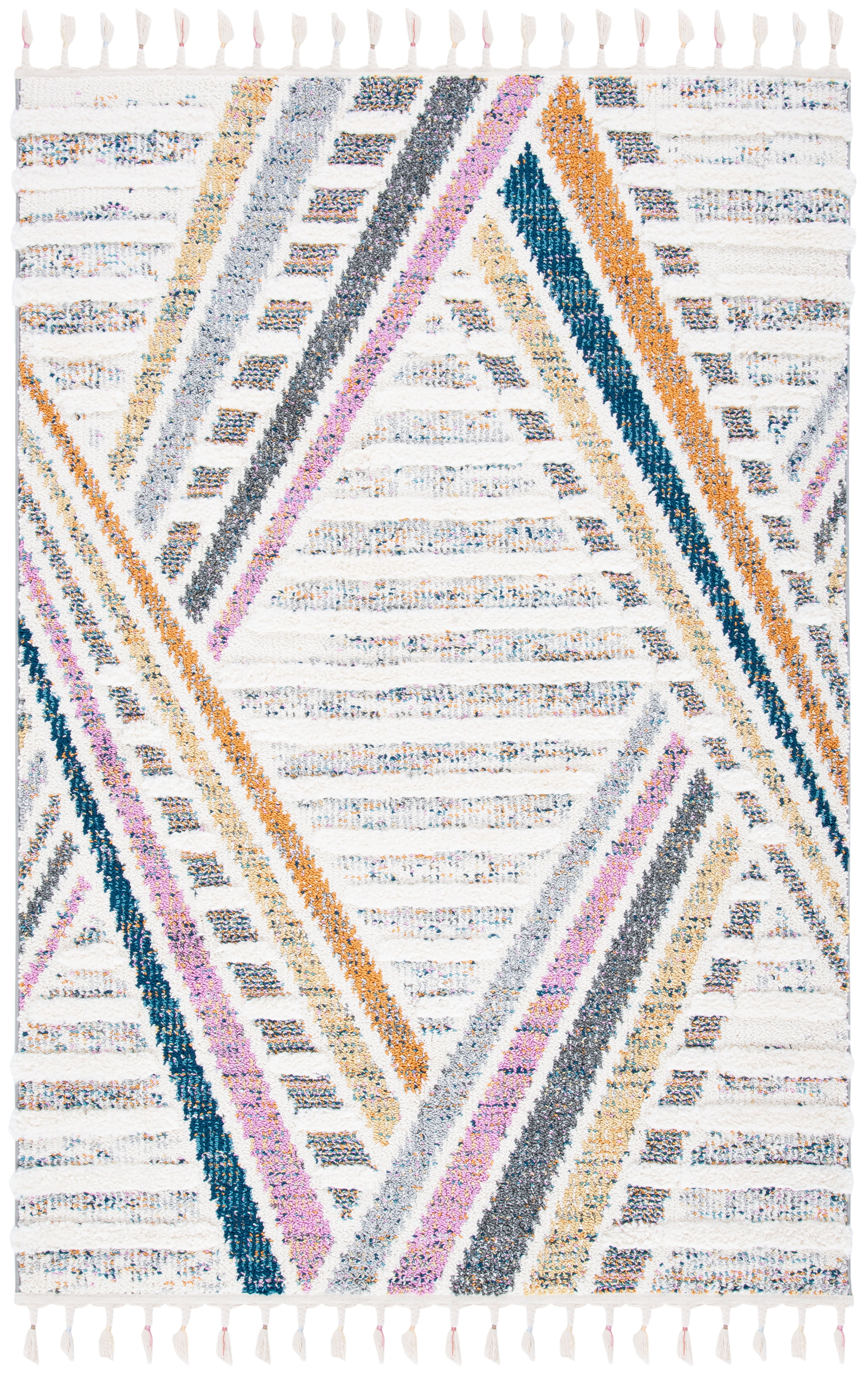 Ivory and Grey Geometric Fringe Shag Area Rug 8' x 10'