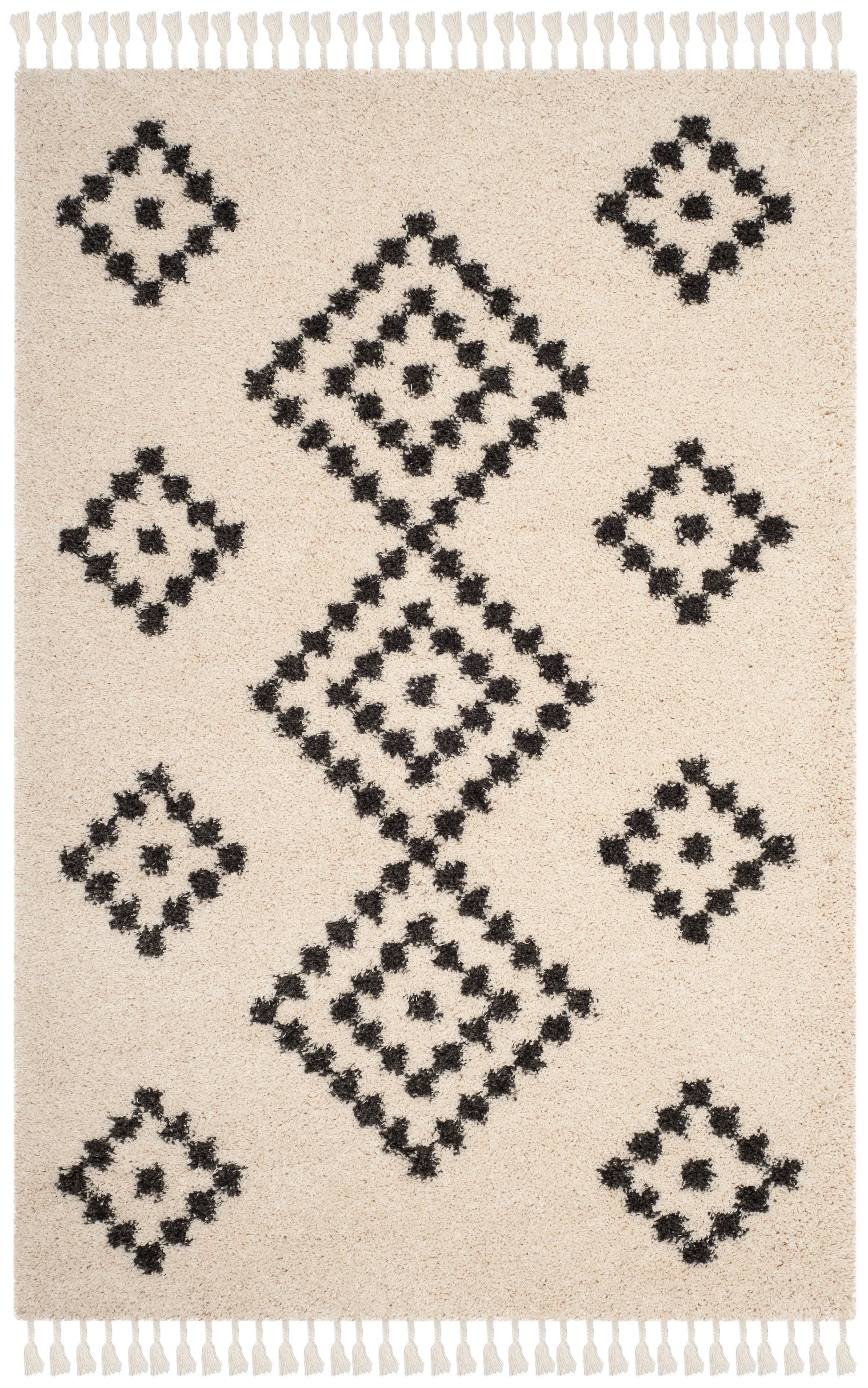 Ivory and Charcoal Geometric Shag Wool Rug, 4' x 6'