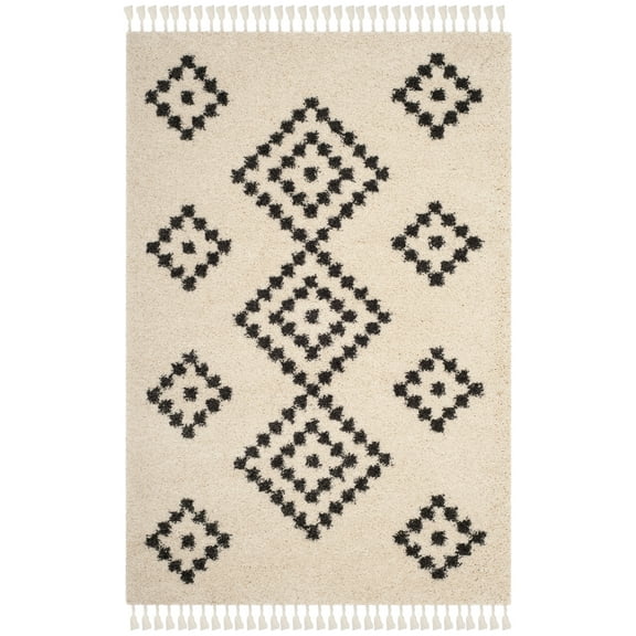 SAFAVIEH Moroccan Fringe Shag Serafim Geometric Area Rug, Cream/Charcoal, 4' x 6'