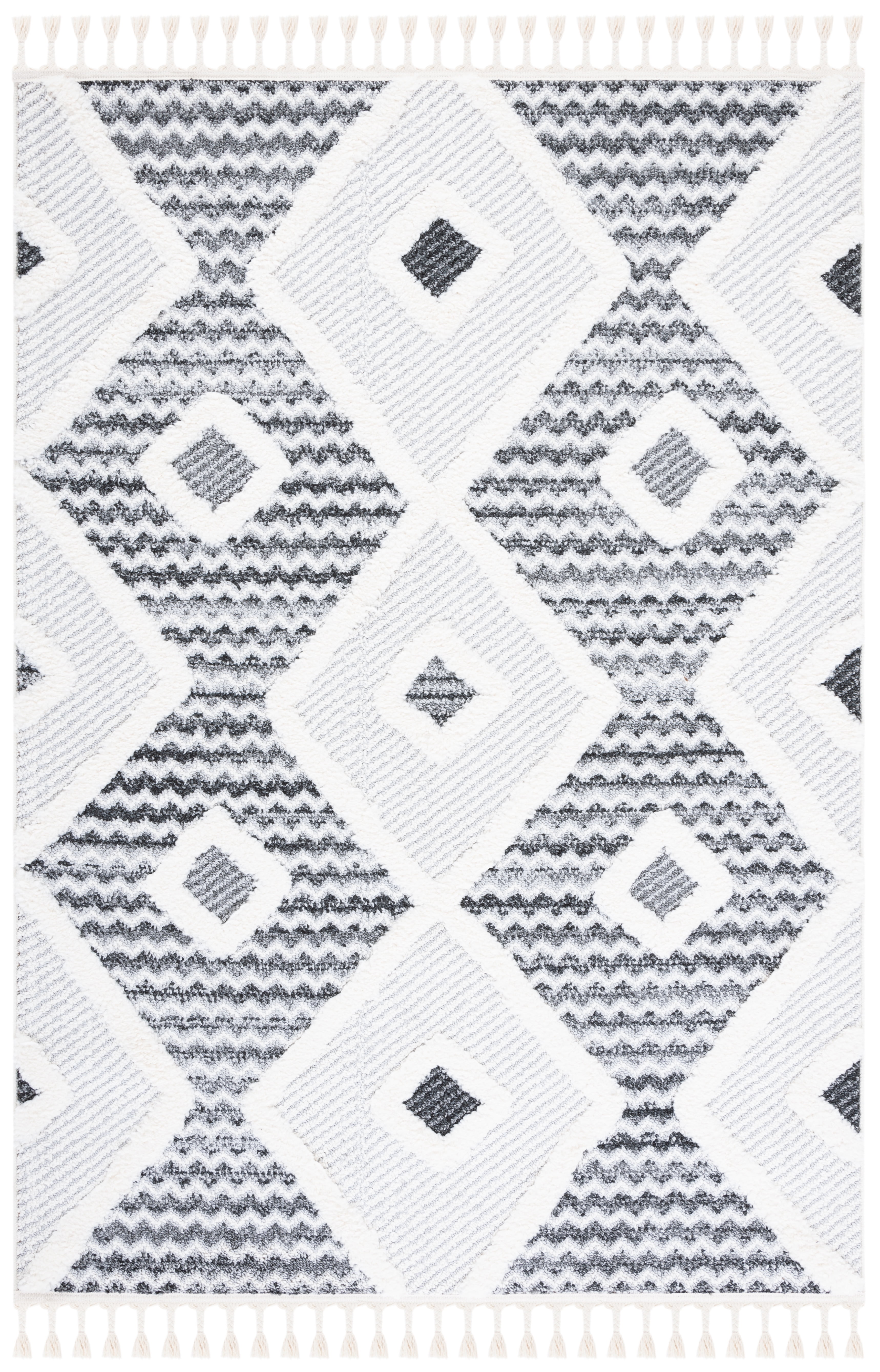 SAFAVIEH Moroccan Tassel Amy Diamond Shag Area Rug, Grey/Ivory, 4' x 6'