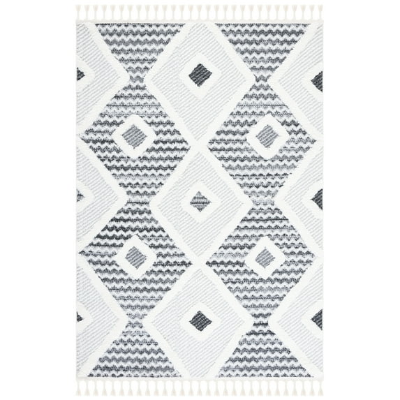 SAFAVIEH Moroccan Tassel Amy Diamond Shag Area Rug, Grey/Ivory, 4' x 6'