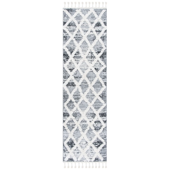 SAFAVIEH Moroccan Tassel Anabella Diamond Shag Runner Rug, Grey/Ivory, 2'3" x 6'