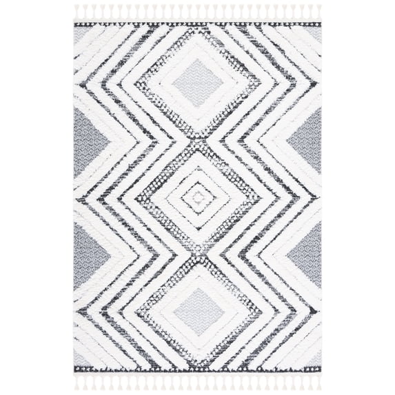 SAFAVIEH Moroccan Tassel Andreas Diamond Shag Area Rug, Ivory/Grey, 6'7" x 9'2"