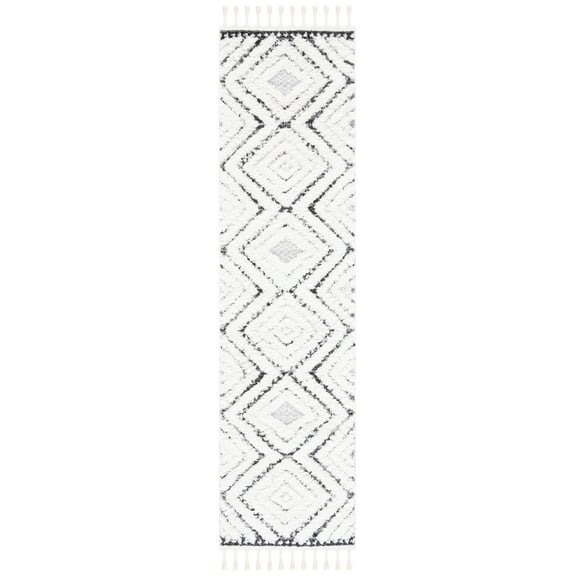 SAFAVIEH Moroccan Tassel Andreas Diamond Shag Runner Rug, Ivory/Grey, 2'3" x 8'