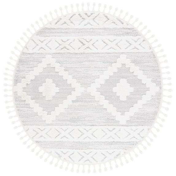 SAFAVIEH Moroccan Tassel Asteria Southwestern Shag Area Rug, Ivory/Beige, 5'3" x 5'3" Round