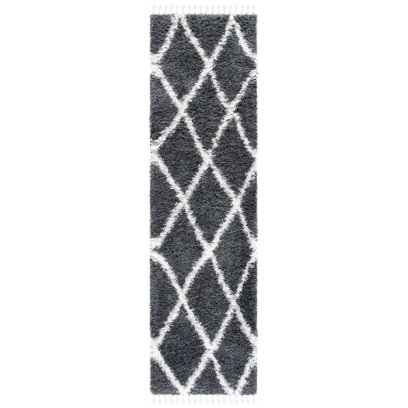 SAFAVIEH Moroccan Tassel Brigham Geometric Shag Runner Rug, Grey/Ivory, 2'2" x 8'