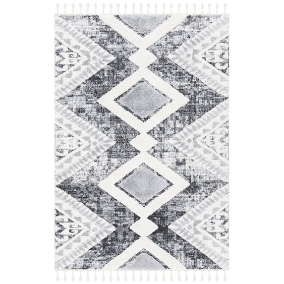 SAFAVIEH Moroccan Tassel Bronte Geometric Shag Area Rug, Grey/Ivory, 3' x 5'
