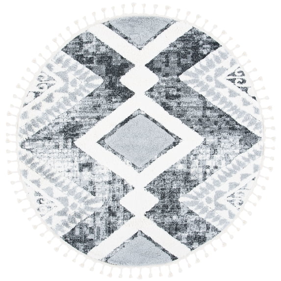 SAFAVIEH Moroccan Tassel Bronte Geometric Shag Area Rug, Grey/Ivory, 6'7" x 6'7" Round
