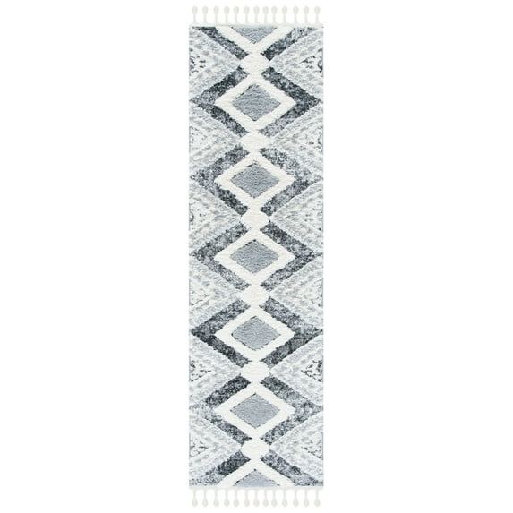 SAFAVIEH Moroccan Tassel Bronte Geometric Shag Runner Rug, Grey/Ivory, 2'3" x 10'