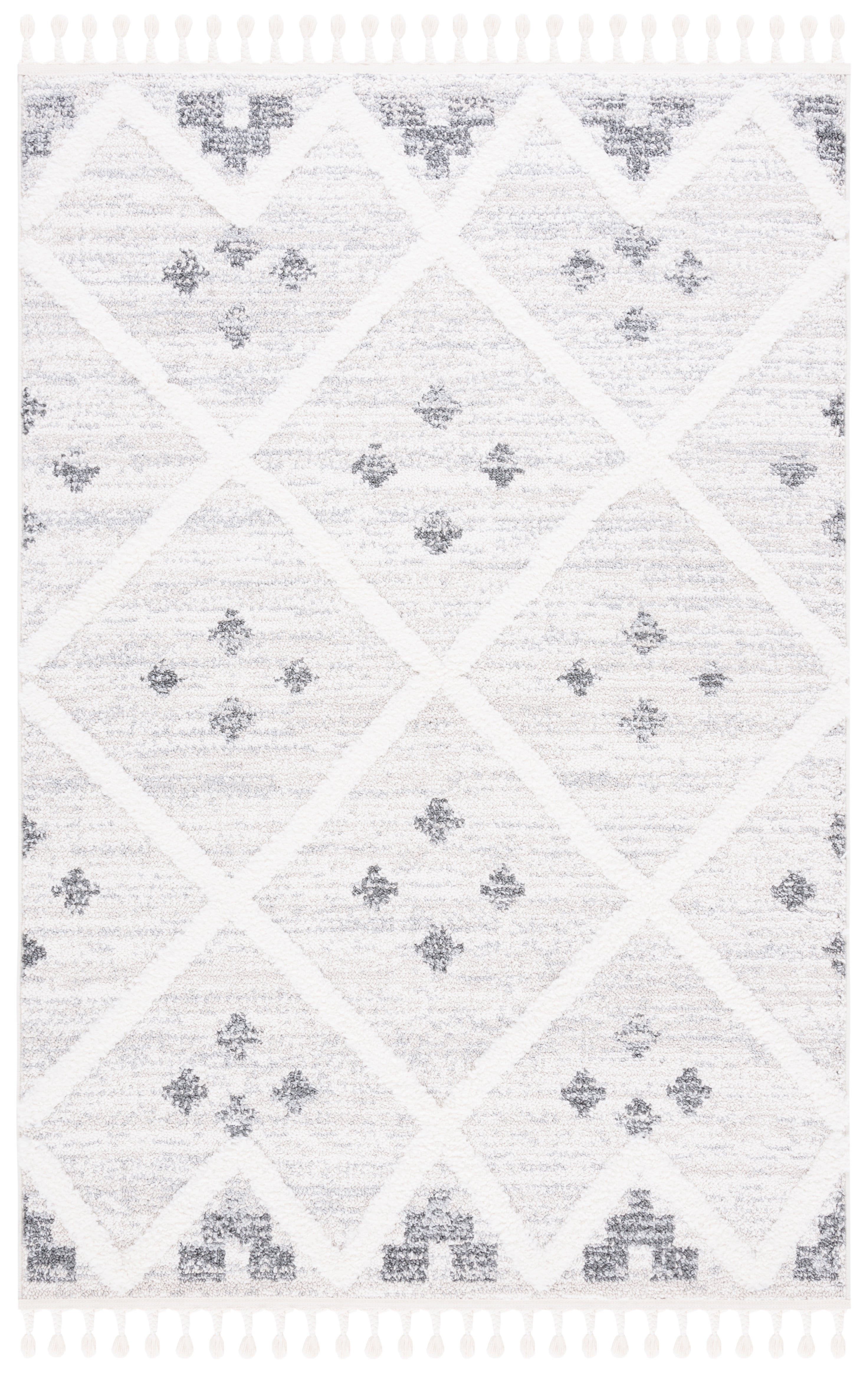Ivory Diamond Shag Synthetic Round Area Rug with Braided Fringe