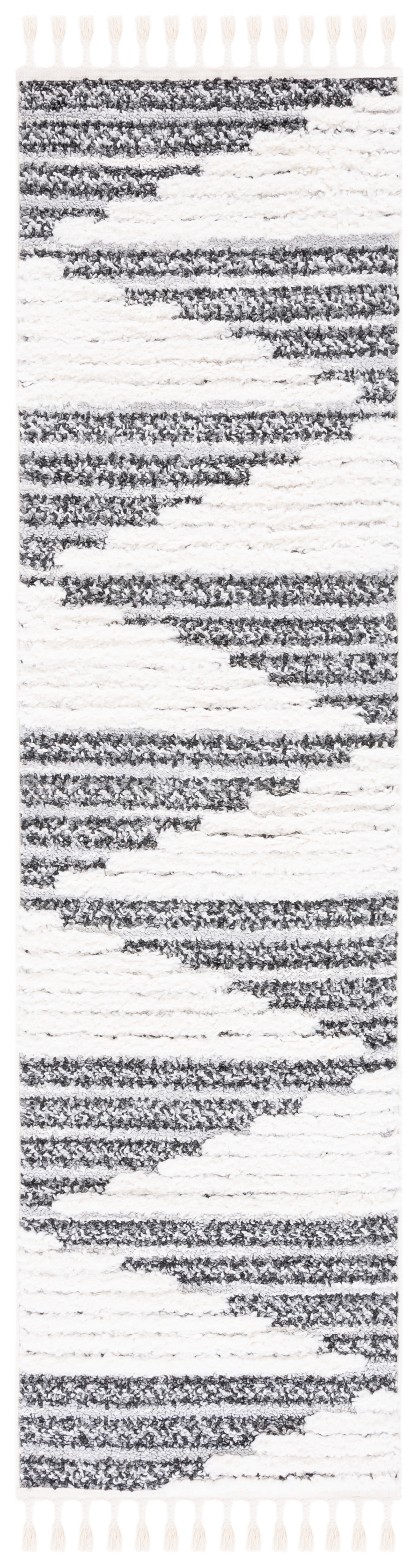 Ivory and Dark Gray Diamond Shag Runner Rug with Tassels