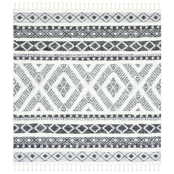 SAFAVIEH Moroccan Tassel Carmelo Southwestern Shag Area Rug, Grey/Ivory, 6'7" x 6'7" Square