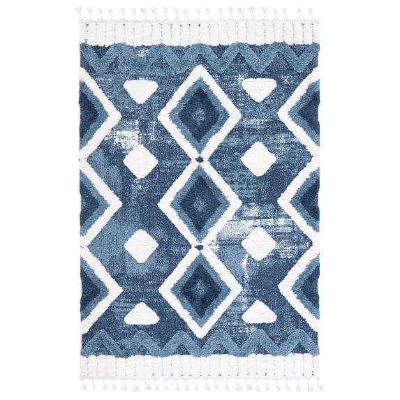 SAFAVIEH Moroccan Tassel Ciera Medallion Shag Area Rug, Blue/Ivory, 5'3" x 7'6"