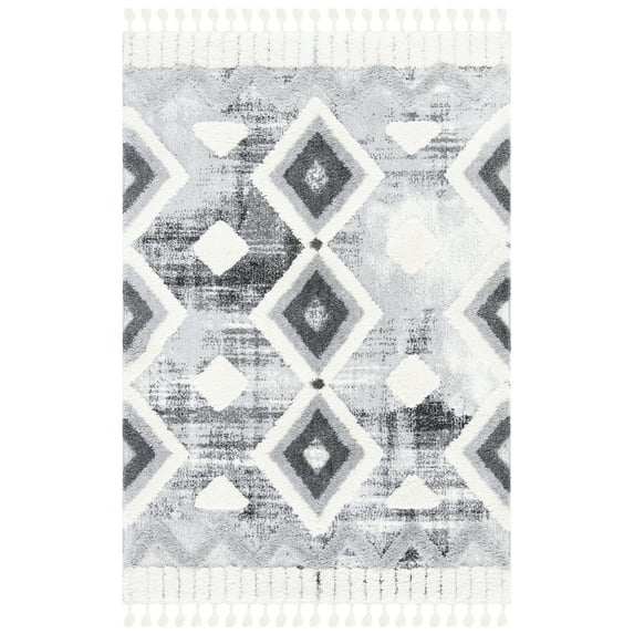 SAFAVIEH Moroccan Tassel Ciera Medallion Shag Area Rug, Grey/Ivory, 6'7" x 9'2"