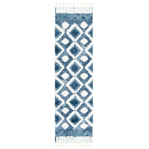 SAFAVIEH Moroccan Tassel Ciera Medallion Shag Runner Rug, Blue/Ivory, 2'3" x 8'