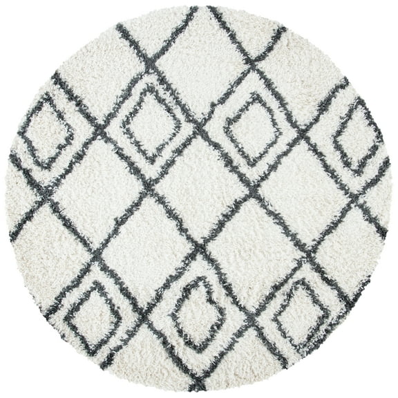 SAFAVIEH Moroccan Tassel Comhgham Geometric Shag Area Rug, Ivory/Dark Grey, 6'7" x 6'7" Round
