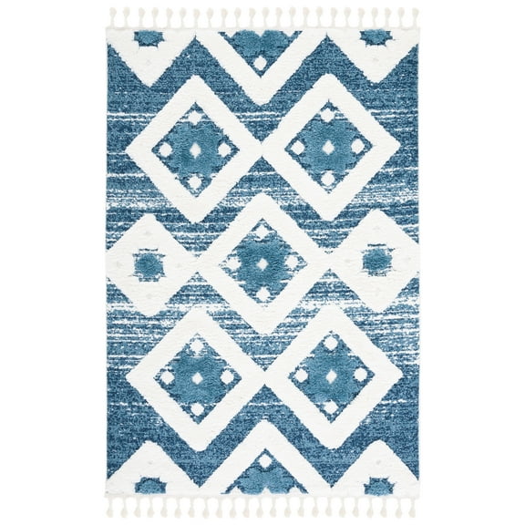 SAFAVIEH Moroccan Tassel Dawson Geometric Shag Area Rug, Blue/Ivory, 4' x 6'