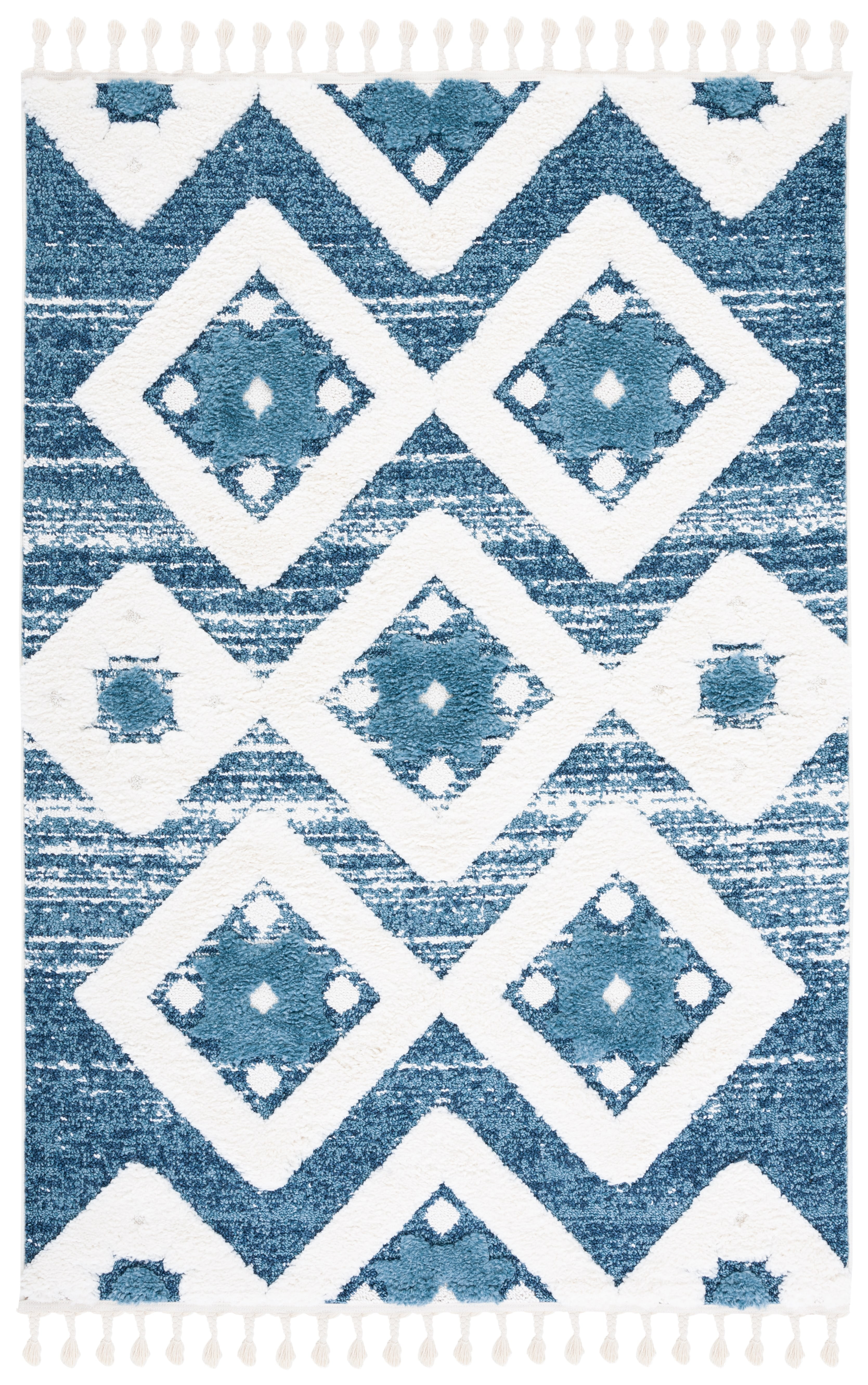 Blue and Ivory Diamond Shag Area Rug with Braided Tassels