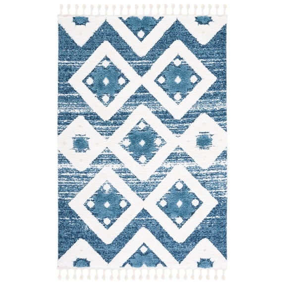 SAFAVIEH Moroccan Tassel Dawson Geometric Shag Area Rug, Blue/Ivory, 9' x 12'