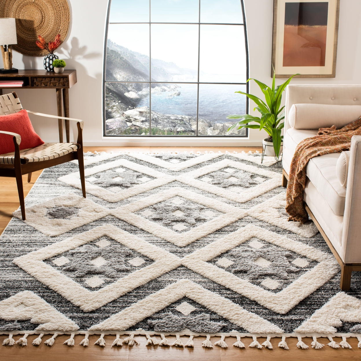 Gray Diamond Braided Shag Rectangular Synthetic Rug