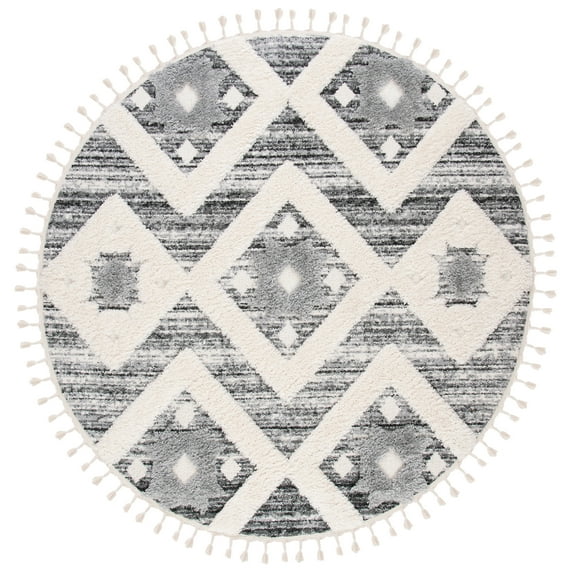 SAFAVIEH Moroccan Tassel Dawson Geometric Shag Area Rug, Grey/Ivory, 4' x 4' Round