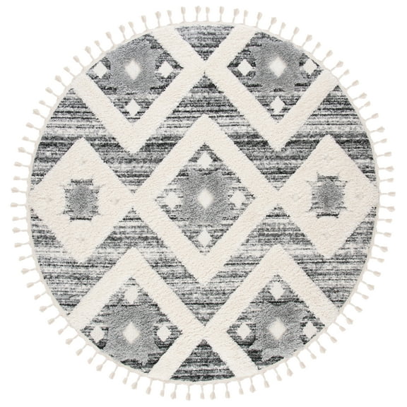 SAFAVIEH Moroccan Tassel Dawson Geometric Shag Area Rug, Grey/Ivory, 4' x 4' Round