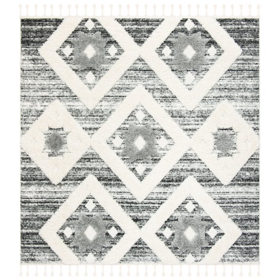 SAFAVIEH Moroccan Tassel Dawson Geometric Shag Area Rug, Grey/Ivory, 8' x 8' Square